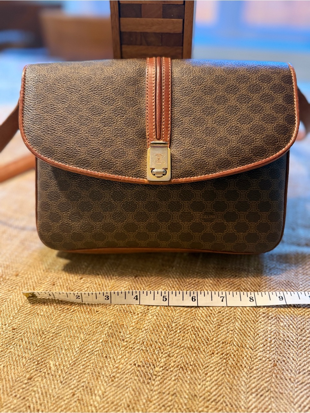 Celine Brown Monogram Crossbody Bag with Tan Trim